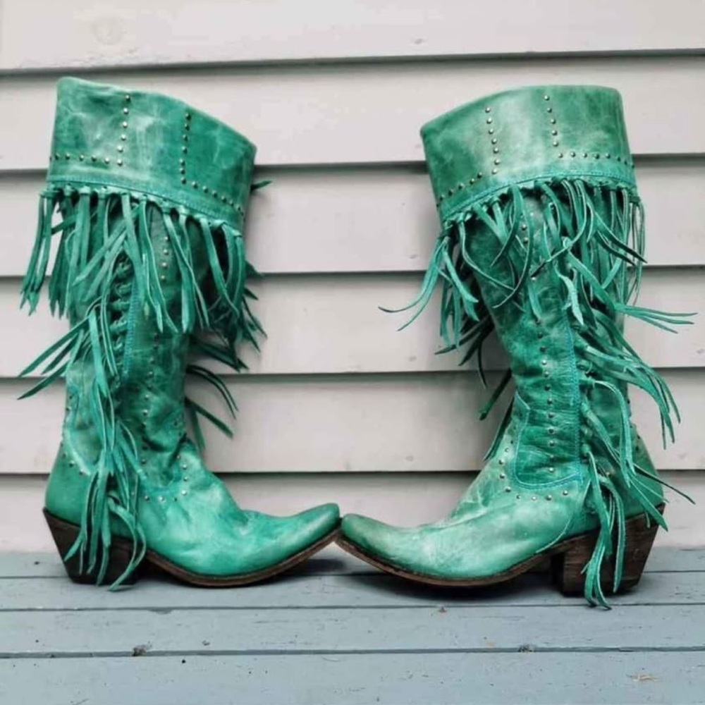 LIBERTY Black Teal Fringed Heeled Boots